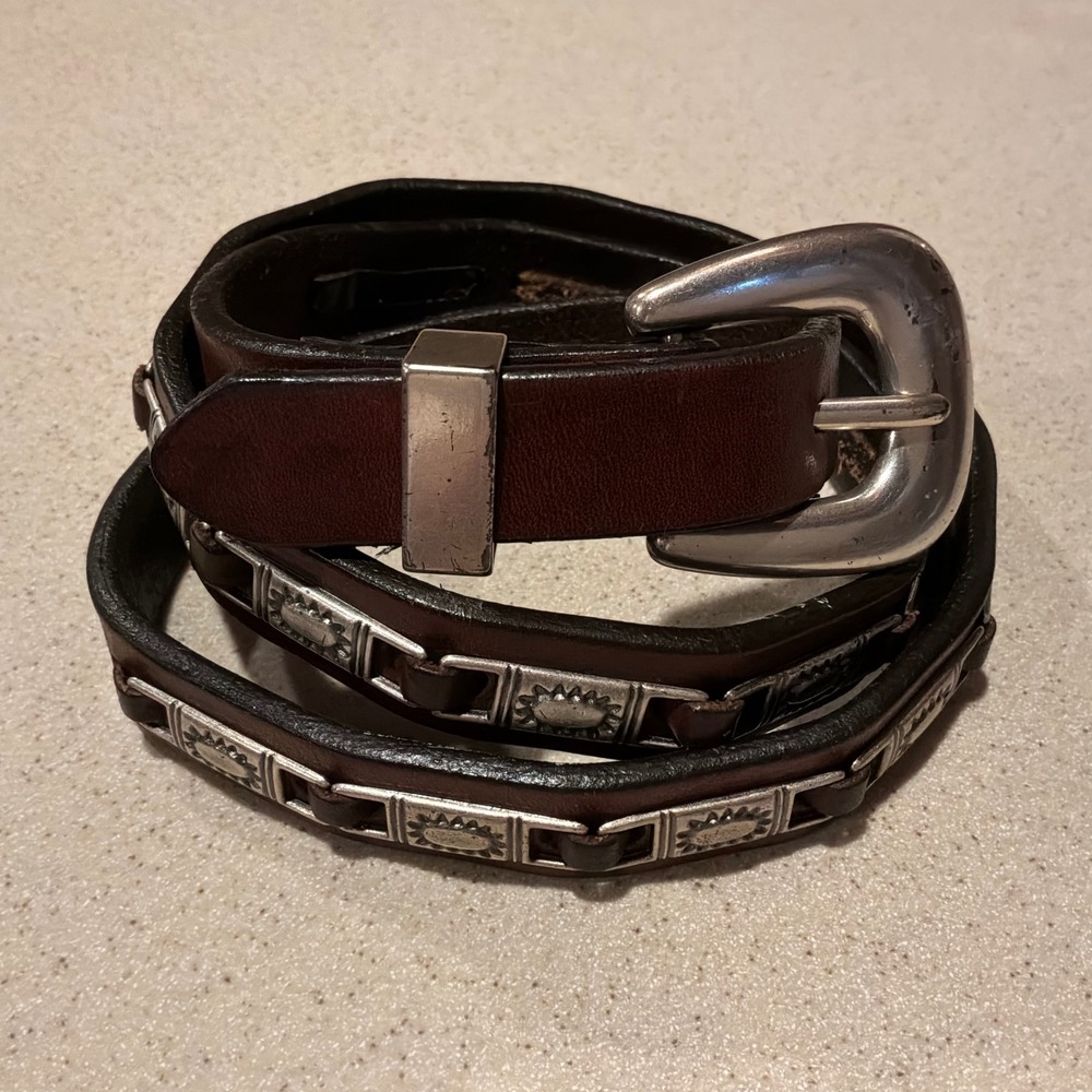 Fossil Womens Brown Leather Western Concho Belt Silver Sunburst Sz L Festival